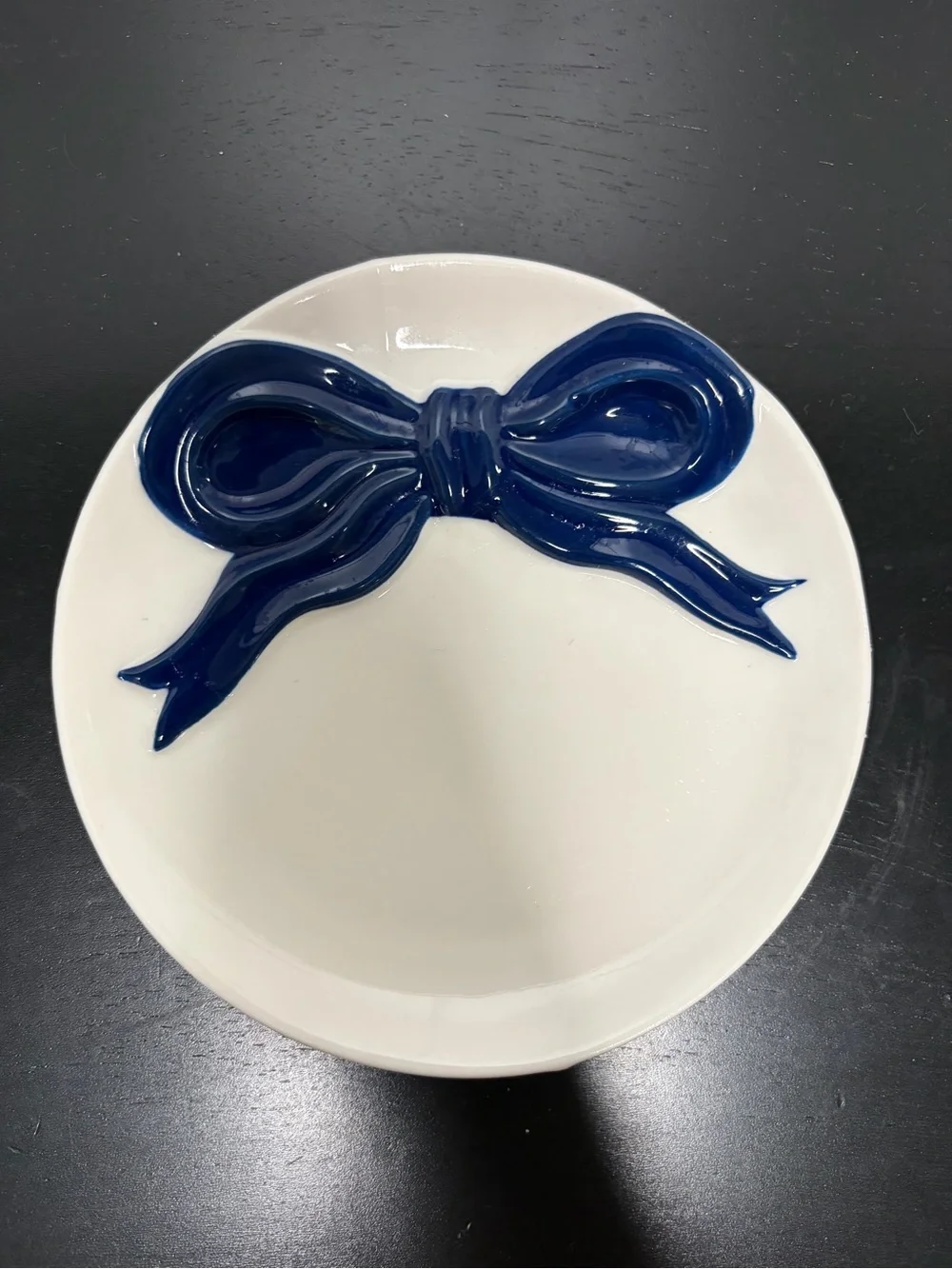 White Ceramic Decorative Trinket Dish with Navy Blue Bow Accent